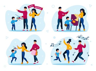 Fototapeta premium Parents with Children Active Life Trendy Flat Vector Concepts Set. Parents with Children Giving Son Toy on Birthday Party, Learning to Draw, Shopping on Sale, Dancing Together Isolated Illustrations