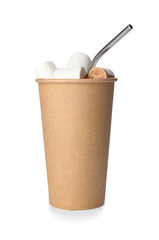 Cup of hot chocolate on white background