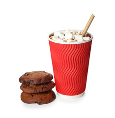 Cup of hot chocolate with cookies on white background