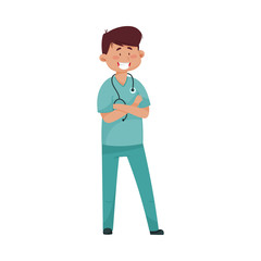 Fototapeta premium Smiling Man Doctor with Stethoscope and in Medical Uniform Folding His Arms on the Chest Vector Illustration