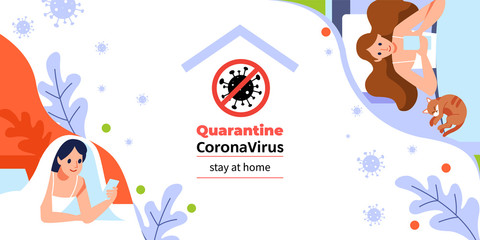 Coronavirus or Covid-19 quarantine. Young womans chatting with her phone on the sofa: I stay at home social media campaign for coronavirus prevention. Cartoon, flat vector illustration