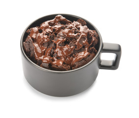 Chocolate mug cake on white background