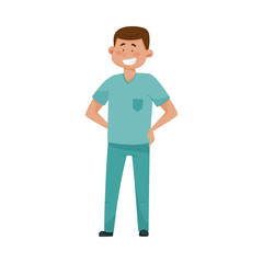 Dark Haired Man Doctor in Medical Uniform Standing with His Arms at Hips Vector Illustration