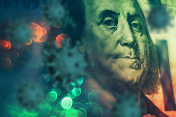 Close up Franklin's face pandemic coronavirus on a one hundred dollar. American, US Dollars Cash...