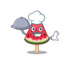 watermelon ice cream as a chef cartoon character with food on tray