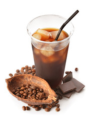 Cup of tasty iced coffee on white background