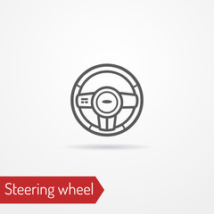 Car steering wheel with buttons. Vehicle part covered in leather or plastic. Isolated icon in silhouette style. Transportation vector stock image.