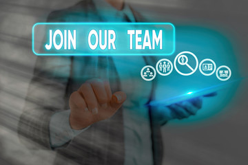 Conceptual hand writing showing Join Our Team. Concept meaning inviting someone to join in your local group or company