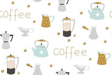 Hand drawn various coffee cups. Vector seamless pattern. Blue background
