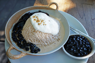 Close up Bubble Boba tea Bingsu (Bingsoo), Korean shaved ice dessert