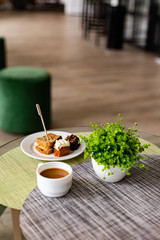 coffee on a table in empty a restaurant