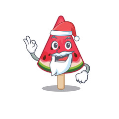 Watermelon ice cream in Santa cartoon character design showing ok finger