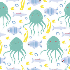 Marine life  seamless pattern vector illustration octopus, fish, seaweed.  Trendy flat style design seamless pattern stock vector illustration for wrapping paper, textile, wallpaper, textile