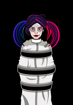 Vector illustration of a woman in cartoon style. smiling girl in a straitjacket. A comic book character with multicolored hair. Red and blue tails. Madness. Psychiatric hospital.