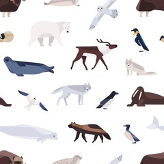 Different cartoon cute polar animals seamless pattern. Various Arctic and Antarctic birds, marine mammals vector flat illustration. Colorful north fauna inhabitant on white background © Good Studio