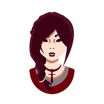 Cartoon flat image of a girl with a cross. Fantasy avatar. Flat illustration, character. Girl with dark red hair braided. Portrait. Creature. 