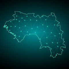 Map of Guinea from Polygonal wire frame low poly mash, contours network line, luminous space stars, design sphere, dot and structure. Vector Illustration EPS10. - Vector