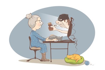 Sale of untested medicines online. Cybercriminal shows elderly woman a jar of fake pills, vector illustration