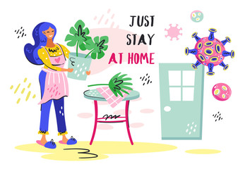 Just stay at home. Young smiling girl with blue hair growing plants. Coronavirus pandemic self isolation, health care, protection.Flat colourful vector illustration icon isolated on background.