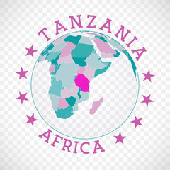 Tanzania round logo. Badge of country with map of Tanzania in world context. Country sticker stamp with globe map and round text. Superb vector illustration.