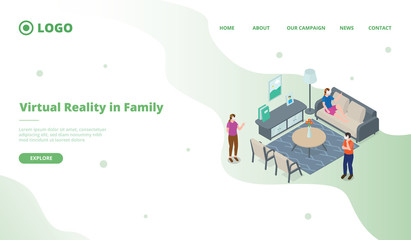 vr virtual reality family playing for website template or landing homepage with isometric style