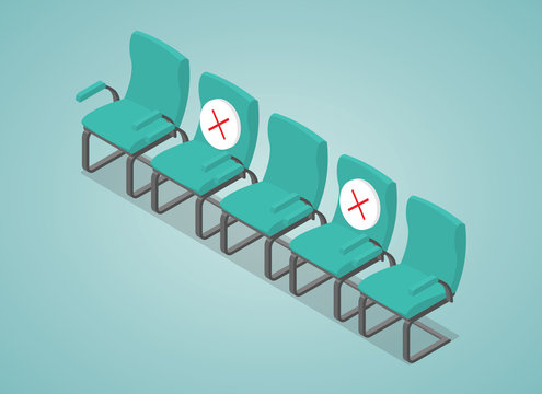 social distancing concept illustration with chair space between with modern isometric style