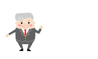 シニアのビジネスマンが笑顔で説明する場面（シニア活用、再雇用、会社の偉い人）