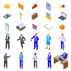 Tax inspector icons set. Isometric set of tax inspector vector icons for web design isolated on white background