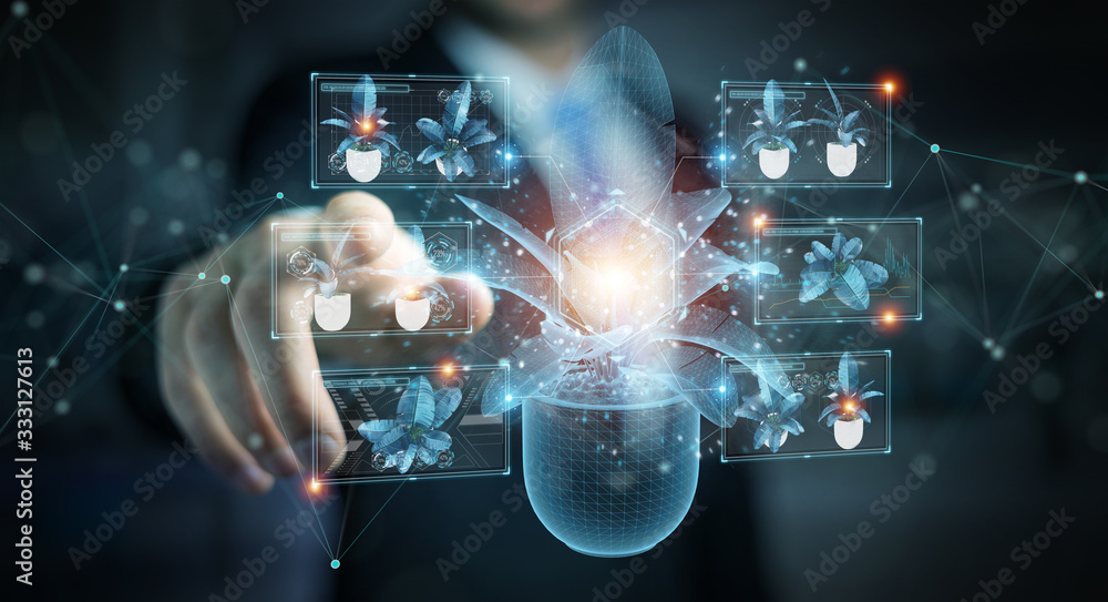 Poster man holding and touching holographic projection of a plant with digital analysis 3d rendering