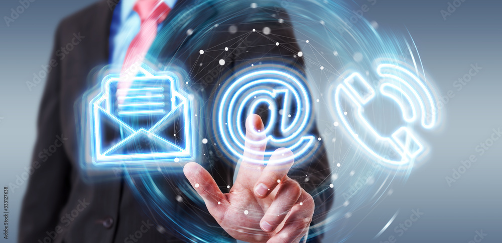 Poster man using digital contact blue holographic interface 3d rendering
