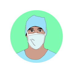 Vector illustration a medical man wears a mask to protect himself from the virus