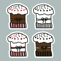 Set of bright vector Easter cakes. Easter cakes stickers. Doodle vector illustration. Outline cakes for posters, greeting cards, stickers.