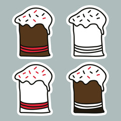 Set of bright vector Easter cakes. Easter cakes stickers. Doodle vector illustration. Outline cakes for posters, greeting cards, stickers.