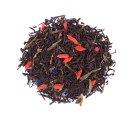 Black tea with pieces of dried fruit and flower petals,