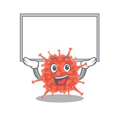 Happy cartoon character of orthocoronavirinae raised up board