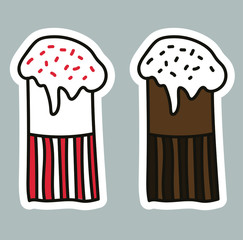 Set of bright vector Easter cakes. Easter cakes stickers. Doodle vector illustration. Outline cakes for posters, greeting cards, stickers.