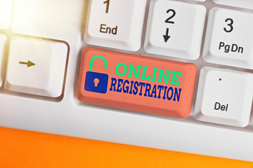 Conceptual hand writing showing Online Registration. Concept meaning System for subscribing or...