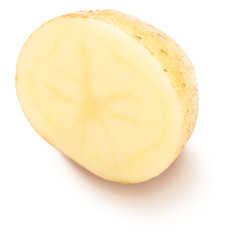 Potato cut in half, washed and with skin. Isolated on white background.