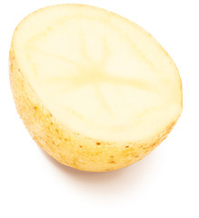 Potato cut in half, washed and with skin. Isolated on white background.