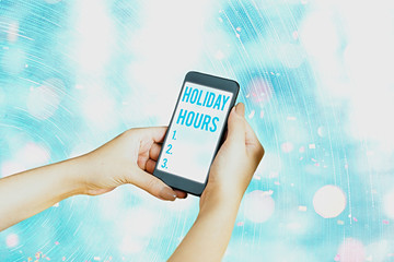 Conceptual hand writing showing Holiday Hours. Concept meaning Overtime work on for employees under...