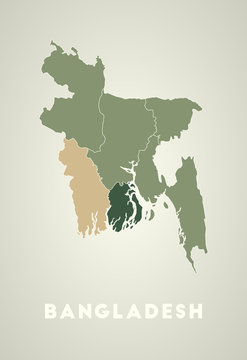 Bangladesh poster in retro style. Map of the country with regions in autumn color palette. Shape of Bangladesh with country name. Vibrant vector illustration.