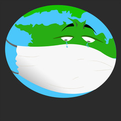 This sad world uses a mask to protect yourself from the virus. The Covid-19 virus is attacking the world. Isolated on black