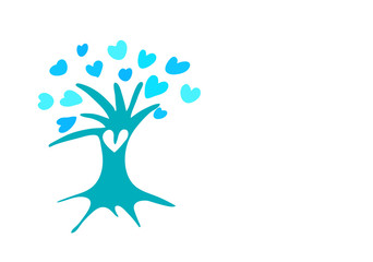 Fototapeta premium Blue tree with the leaves in the shape of a heart isolated on white background. Dark and light blue hearts. 