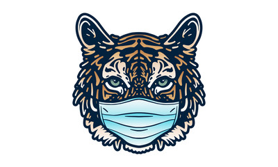 Portrait of a tiger wearing medical mask. Coronavirus concept. Respiratory protection.