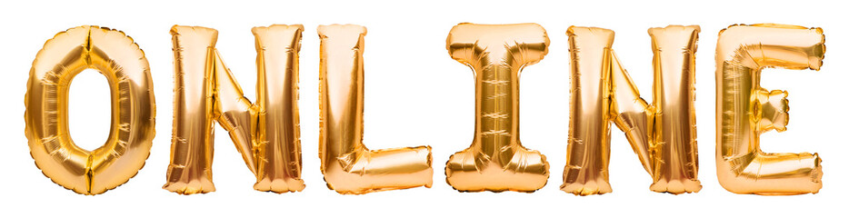 Golden word ONLINE made of inflatable balloons isolated on white background. Gold foil balloon letters. Shopping, working or training online from home. Staying home, freelance concept © Magryt