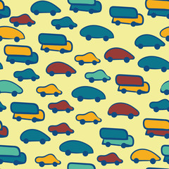 Colorful childish cars and trucks seamless vector pattern. Yellow, teal, blue and red vehicles seamless vector pattern. Great for children home decor, fabrics, stationery and packaging.