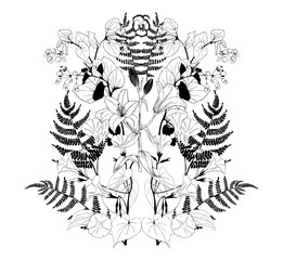 Composition of flowers in an ornament. Black and white vector.