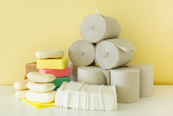 Set of various hygiene products on a light background