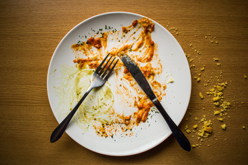 Empty dirty plate after a meal with fork and knife, top view
