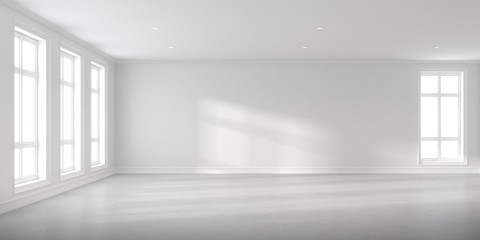 Abstract of empty white concrete room with sun light cast the window shadow on the wall and floor,Perspective of minimal design architecture. 3d render.